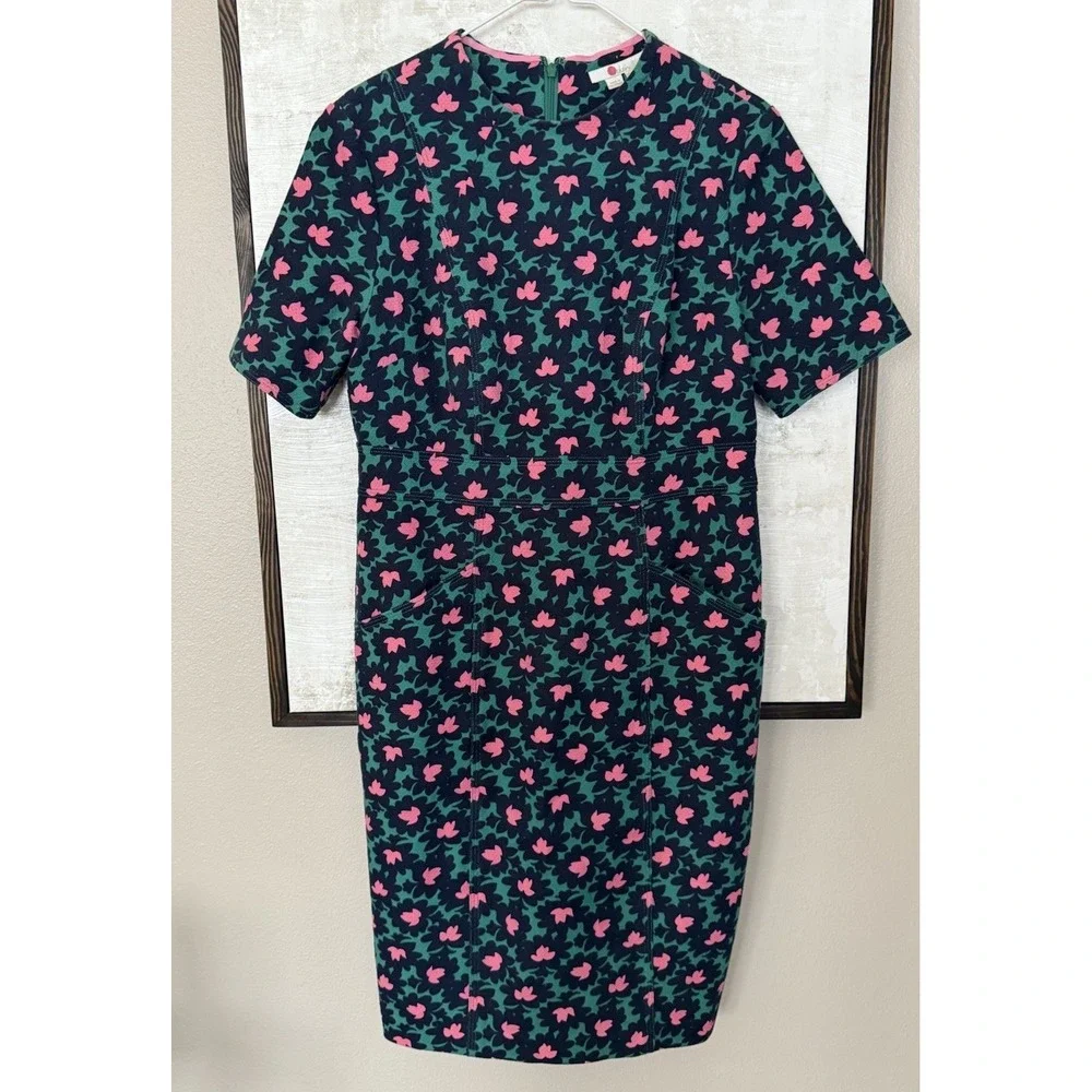 Boden Louise Textured Forest Bloom Midi‎ Sheath Dress Pockets Size 10 Green Pink - Picture 3 of 13